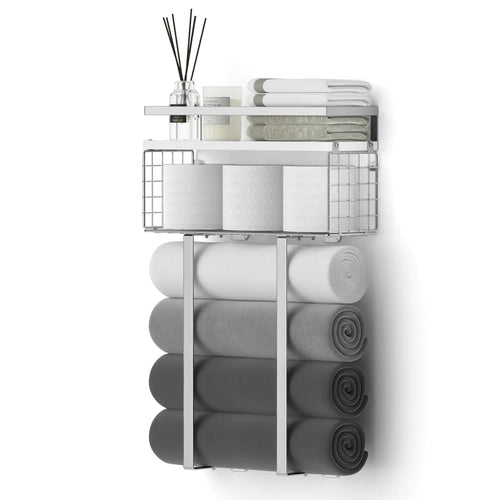 Towel Racks for Bathroom Bathroom Shelf Over Toilet Floating Shelves with Towel Rack Paper Holder Storage BasketFloating Shelves for Wall DecorSilver